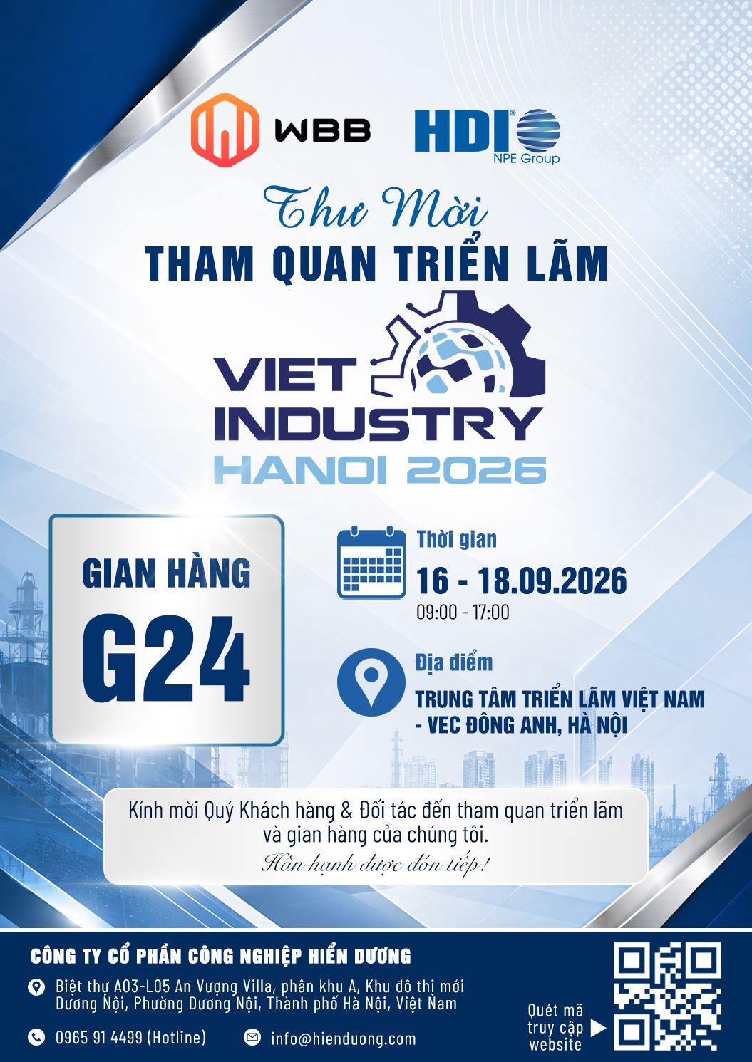Thư mời tham quan triển lãm Viet Industry Hanoi 2026 và gian hàng HDI